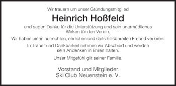 Traueranzeige von Heinrich Hoßfeld von Hersfeld