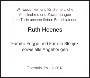 Traueranzeige von Ruth Heenes von Hersfeld