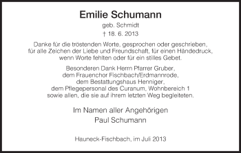 Traueranzeige von Emilie Schumann von Hersfeld
