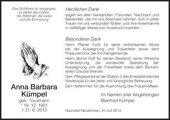 Traueranzeige von Anna Barbara Kümpel von Hersfeld