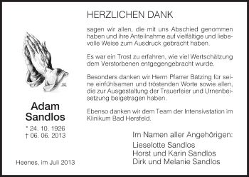 Traueranzeige von Adam Sandlos von Hersfeld