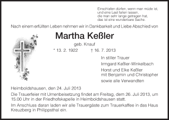 Traueranzeige von Martha Keßler von Hersfeld