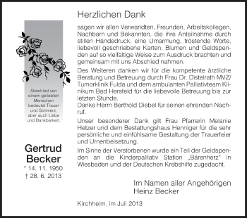 Traueranzeige von Gertrud Becker von Hersfeld