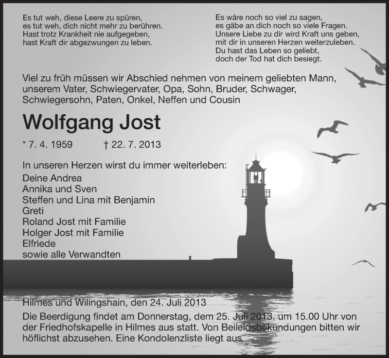  Traueranzeige für Wolfgang Jost vom 24.07.2013 aus Hersfeld