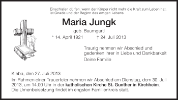 Traueranzeige von Maria Jungk von Hersfeld