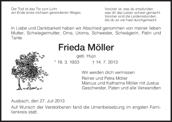 Traueranzeige von Frieda Möller von Hersfeld