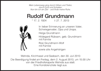 Traueranzeige von Rudolf Grundmann von Hersfeld