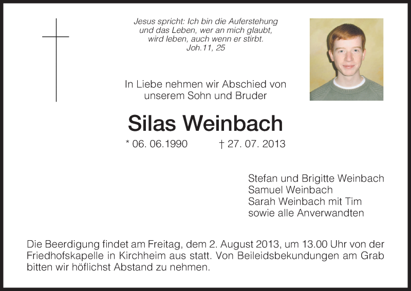  Traueranzeige für Silas Weinbach vom 31.07.2013 aus Hersfeld