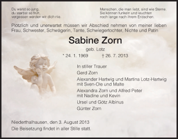 Traueranzeige von Sabine Zorn von Hersfeld