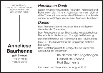 Traueranzeige von Anneliese Baurhenne von Hersfeld