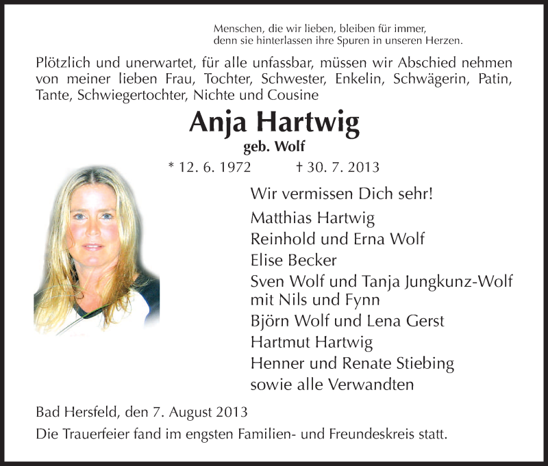  Traueranzeige für Anja Hartwig vom 07.08.2013 aus Hersfeld