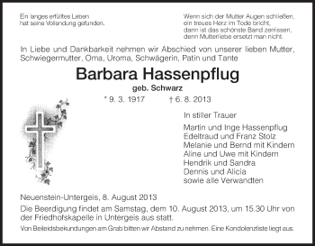 Traueranzeige von Barbara Hassenpflug von Hersfeld