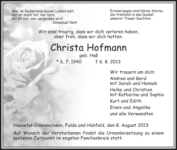 Traueranzeige von Christa Hofmann von Hersfeld