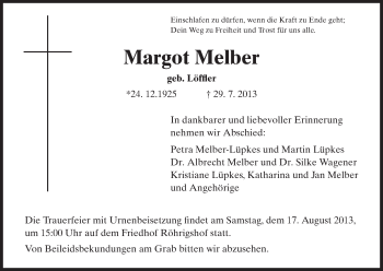 Traueranzeige von Margot Melber von Hersfeld