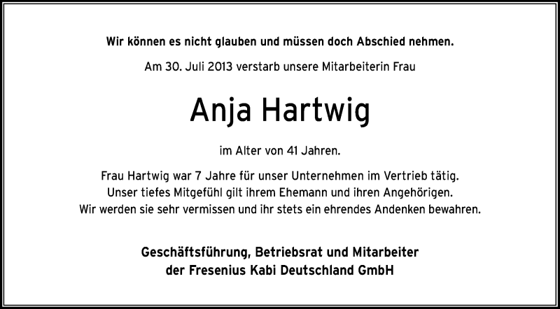  Traueranzeige für Anja Hartwig vom 08.08.2013 aus Hersfeld