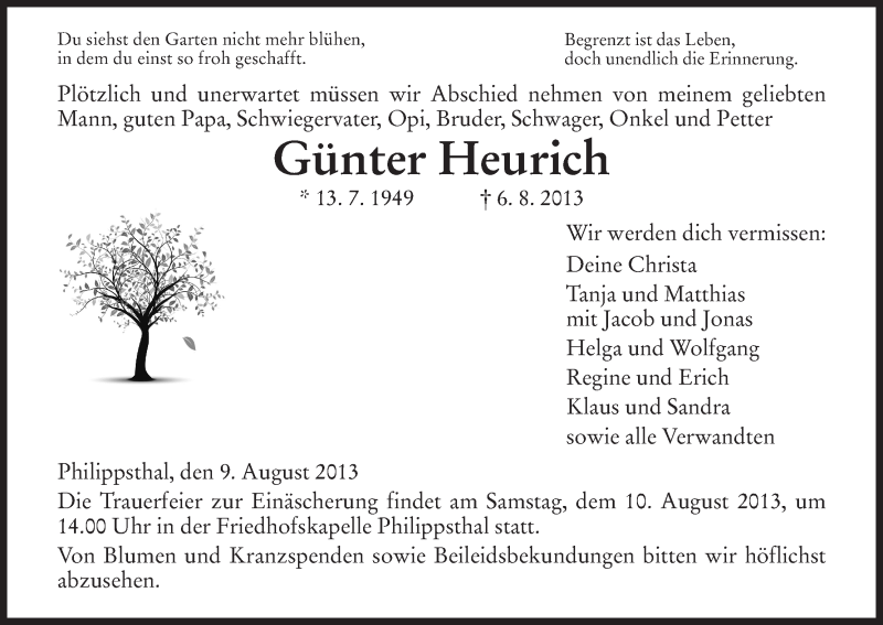  Traueranzeige für Günter Heurich vom 09.08.2013 aus Hersfeld