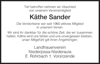 Traueranzeige von Käthe Sander von Hersfeld