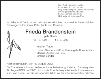 Traueranzeige von Frieda Brandenstein von Hersfeld