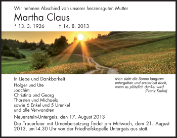 Traueranzeige von Martha Claus von Hersfeld