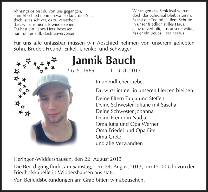  Traueranzeige für Jannik Bauch vom 22.08.2013 aus Hersfeld