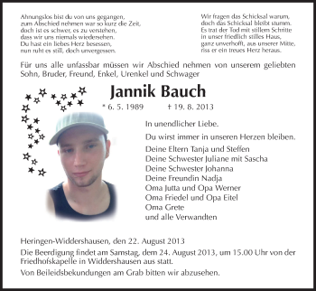 Traueranzeige von Jannik Bauch von Hersfeld