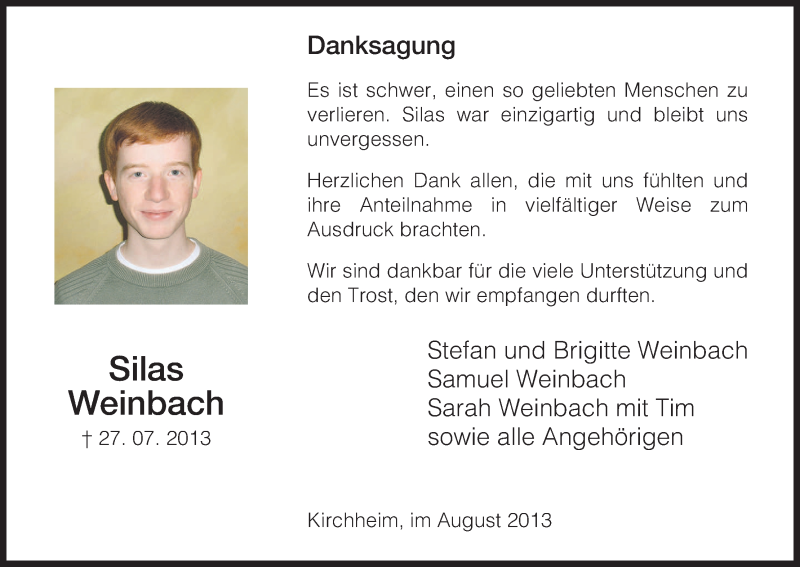  Traueranzeige für Silas Weinbach vom 24.08.2013 aus Hersfeld