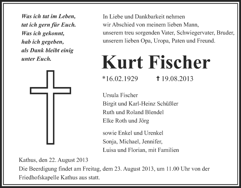  Traueranzeige für Kurt Fischer vom 22.08.2013 aus Hersfeld