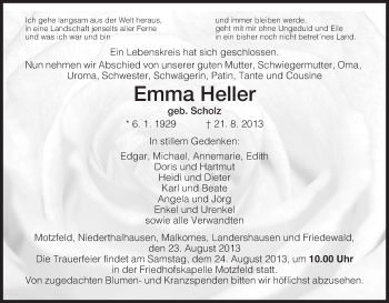 Traueranzeige von Emma Heller von Hersfeld