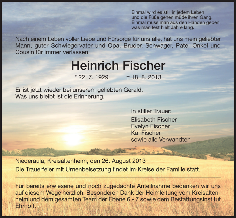  Traueranzeige für Heinrich Fischer vom 26.08.2013 aus Hersfeld