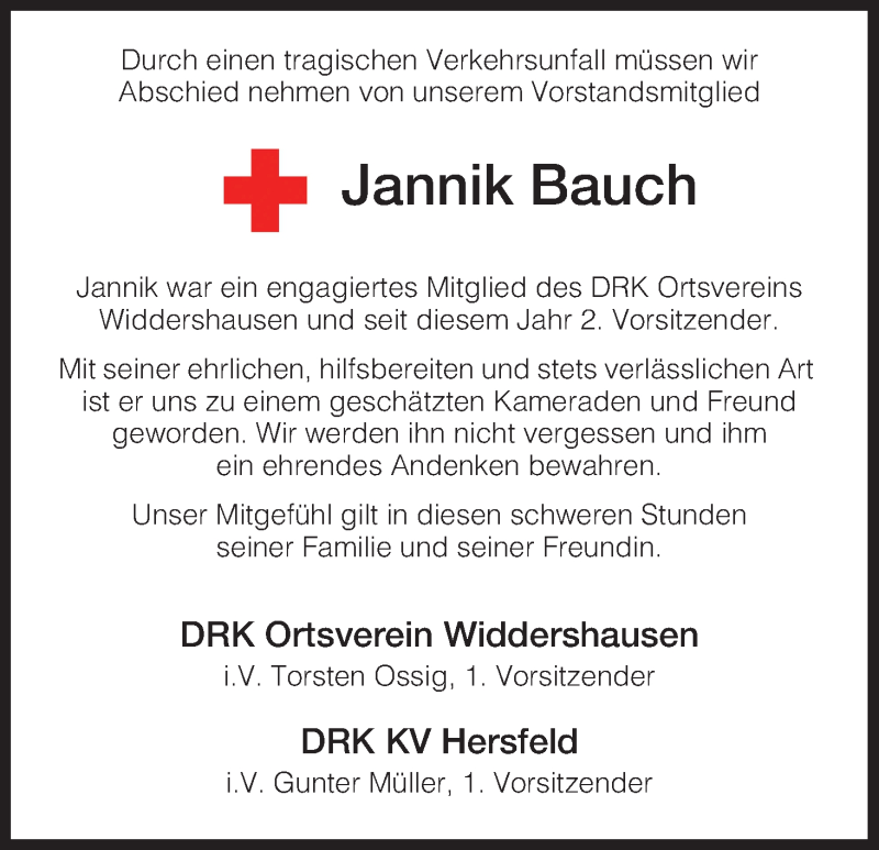  Traueranzeige für Jannik Bauch vom 24.08.2013 aus Hersfeld