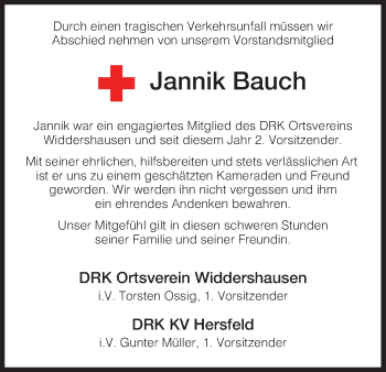 Traueranzeige von Jannik Bauch von Hersfeld