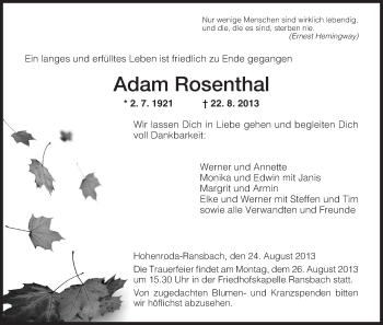 Traueranzeige von Adam Rosenthal von Hersfeld