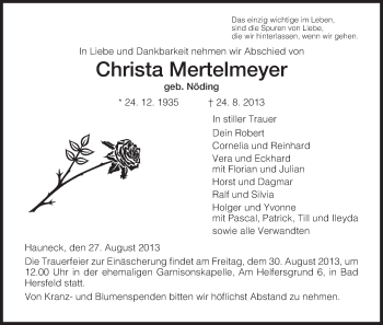 Traueranzeige von Christa Mertelmeyer von Hersfeld