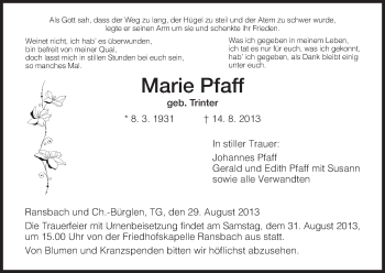 Traueranzeige von Marie Pfaff von Hersfeld