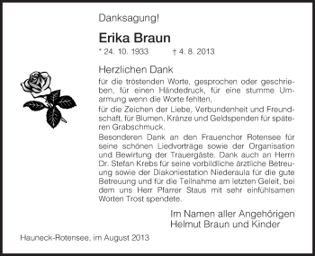 Traueranzeige von Erika Braun von Hersfeld