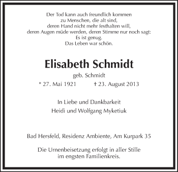 Traueranzeige von Elisabeth Schmidt von Hersfeld