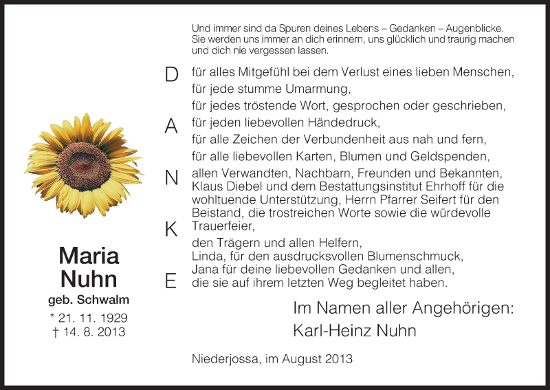  Traueranzeige für Maria Nuhn vom 31.08.2013 aus Hersfeld