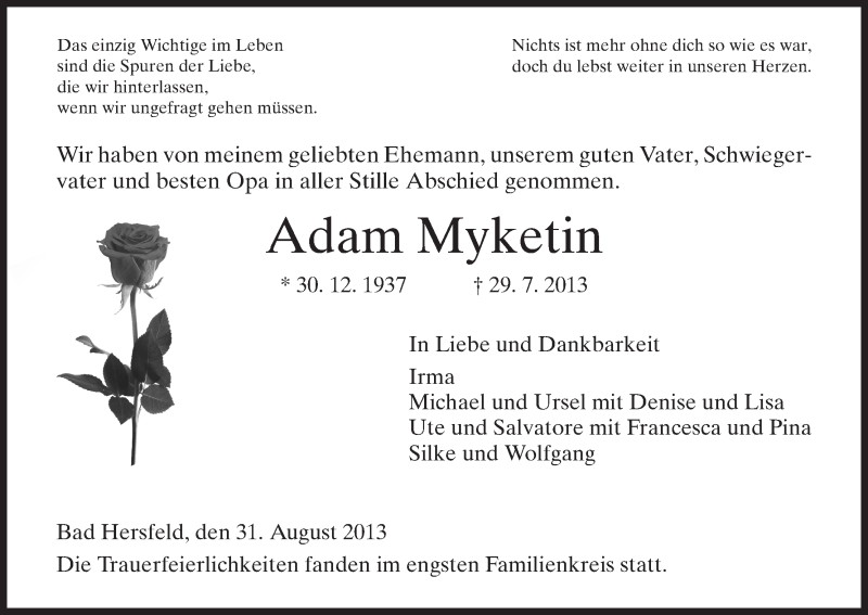  Traueranzeige für Adam Myketin vom 31.08.2013 aus Hersfeld