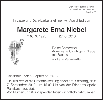 Traueranzeige von Margarete Erna Niebel von Hersfeld