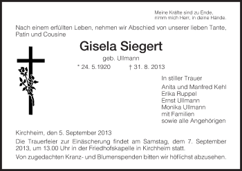 Traueranzeige von Gisela Siegert von Hersfeld