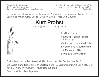 Traueranzeige von Kurt Probst von Hersfeld