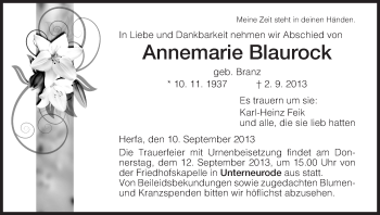 Traueranzeige von Annemarie Blaurock von Hersfeld