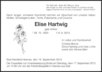 Traueranzeige von Elise Hartwig von Hersfeld