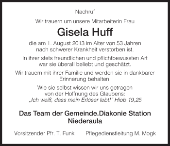Traueranzeige von Gisela Huff von Hersfeld