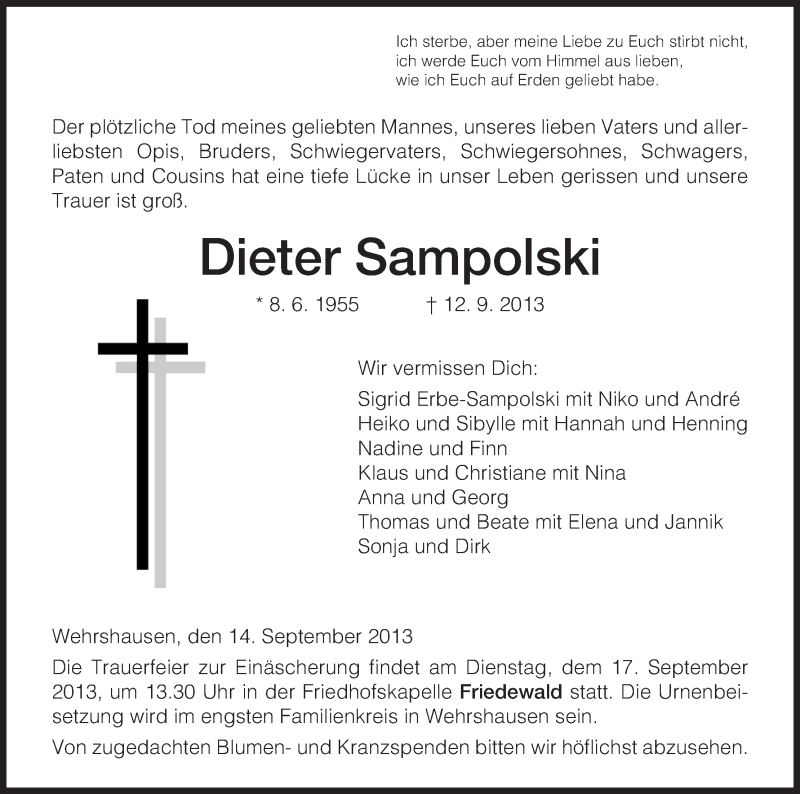  Traueranzeige für Dieter Sampolski vom 14.09.2013 aus Hersfeld