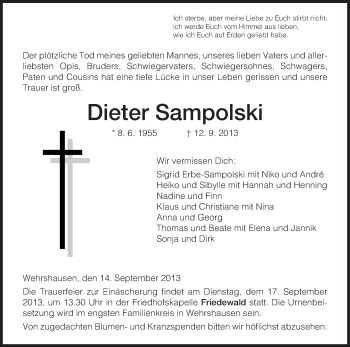 Traueranzeige von Dieter Sampolski von Hersfeld