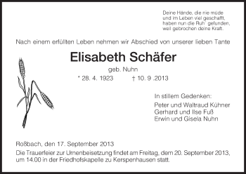 Traueranzeige von Elisabeth Schäfer von Hersfeld