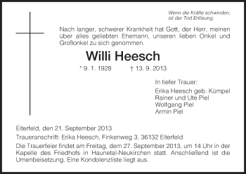 Traueranzeige von Willi Heesch von Hersfeld