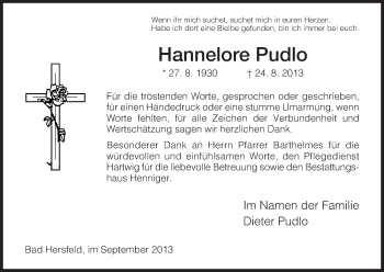 Traueranzeige von Hannelore Pudlo von Hersfeld