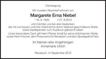 Traueranzeige von Margarete Erna Niebel von Hersfeld